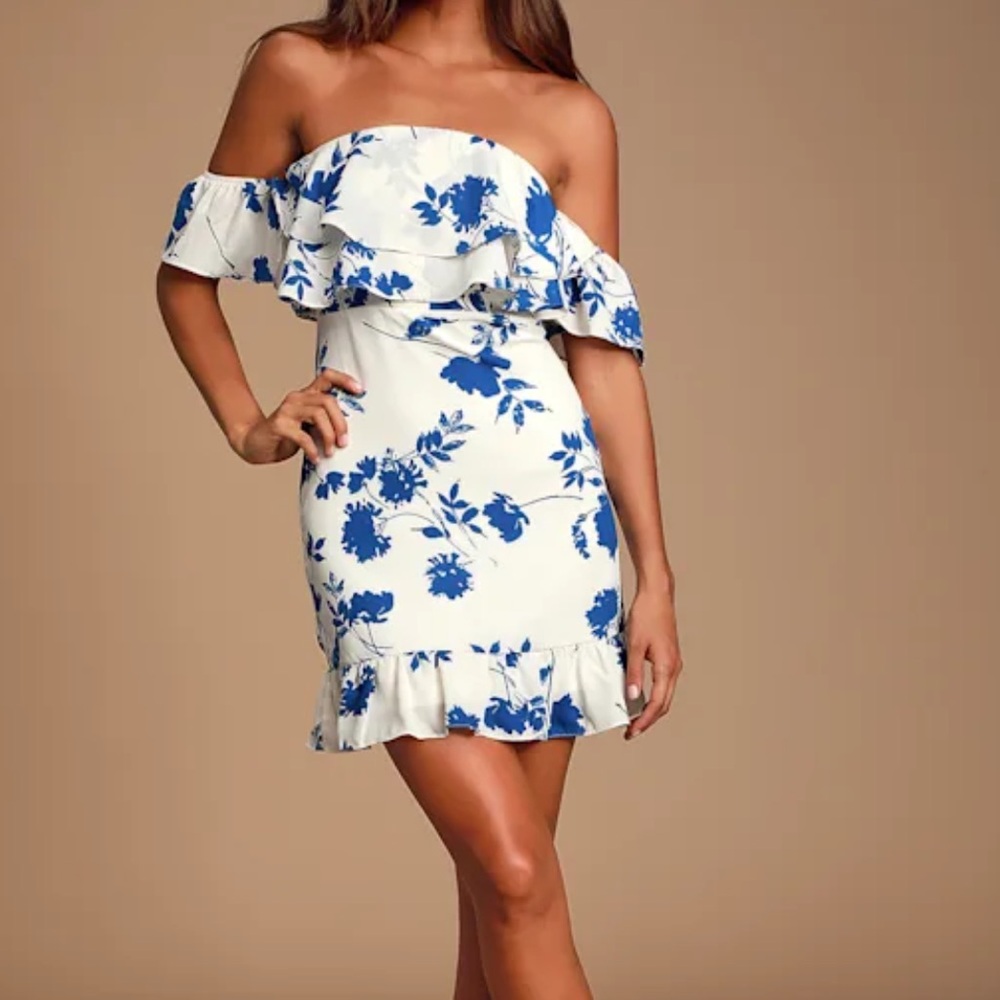 Lulus Talia White Floral Print Off-the-shoulder Mini Dress - Size M